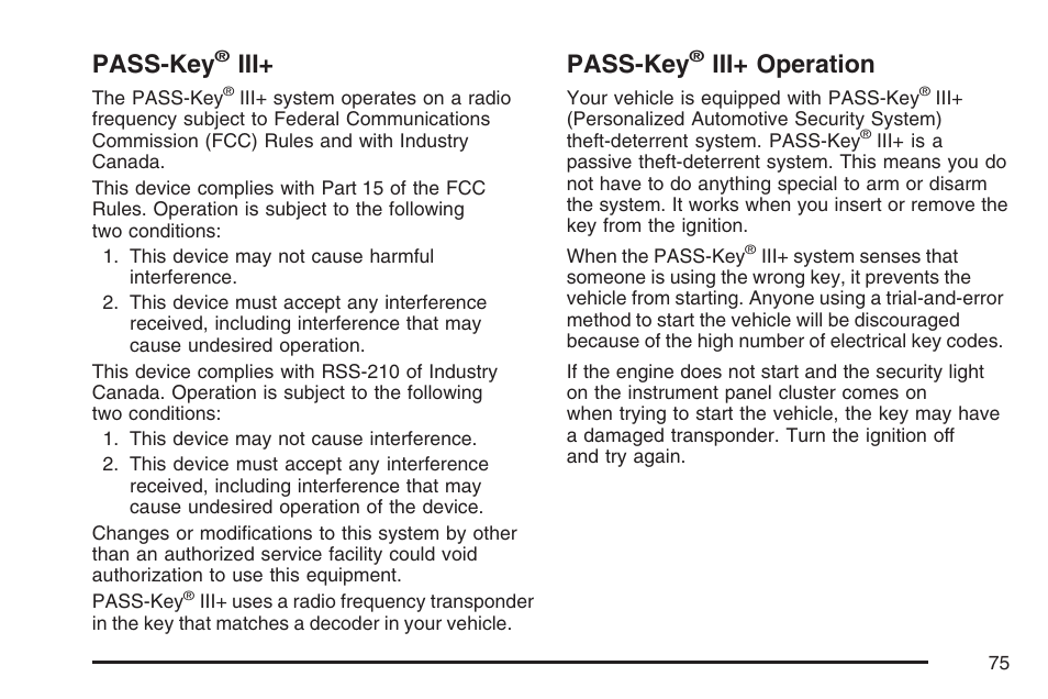 Pass-key® iii, Pass-key® iii+ operation, Pass-key | Iii+ operation | Saturn 2007 Sky User Manual | Page 75 / 384