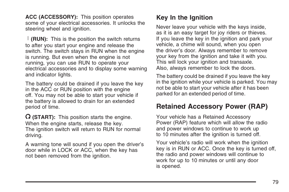 Retained accessory power (rap) | Saturn 2007 Sky User Manual | Page 79 / 384