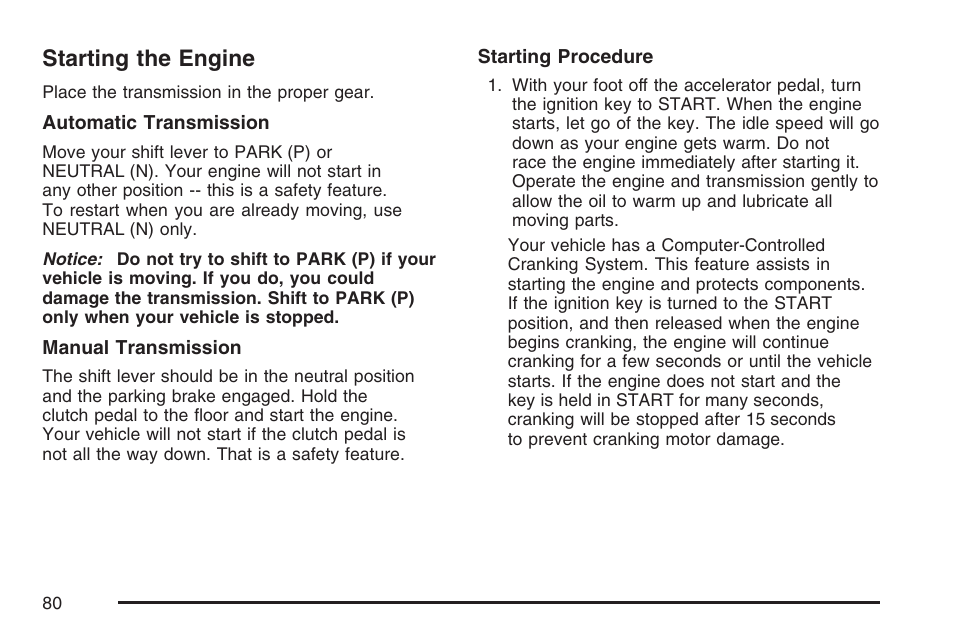 Starting the engine | Saturn 2007 Sky User Manual | Page 80 / 384