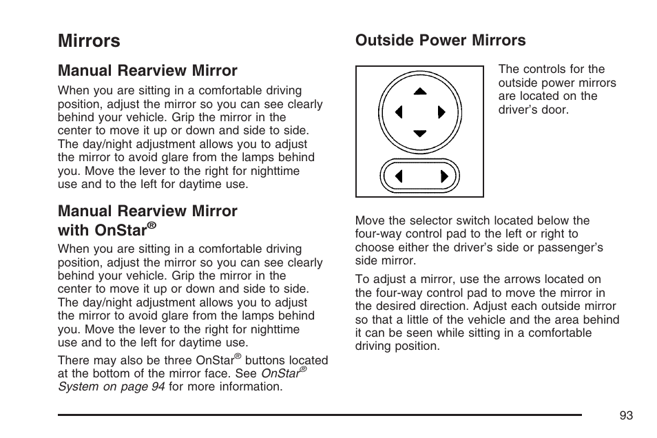Mirrors, Manual rearview mirror, Manual rearview mirror with onstar | Outside power mirrors | Saturn 2007 Sky User Manual | Page 93 / 384