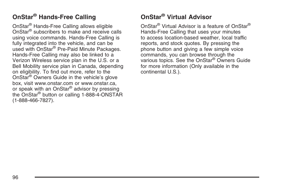 Onstar, Hands-free calling, Virtual advisor | Saturn 2007 Sky User Manual | Page 96 / 384