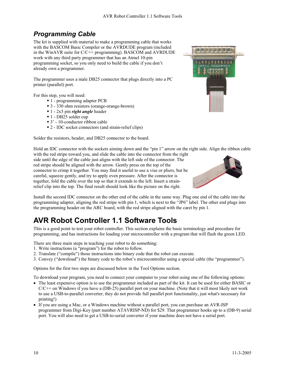 Programming cable, Avr robot controller 1.1 software tools | SRS Labs SRS Robot Level 1 Kit User Manual | Page 10 / 34