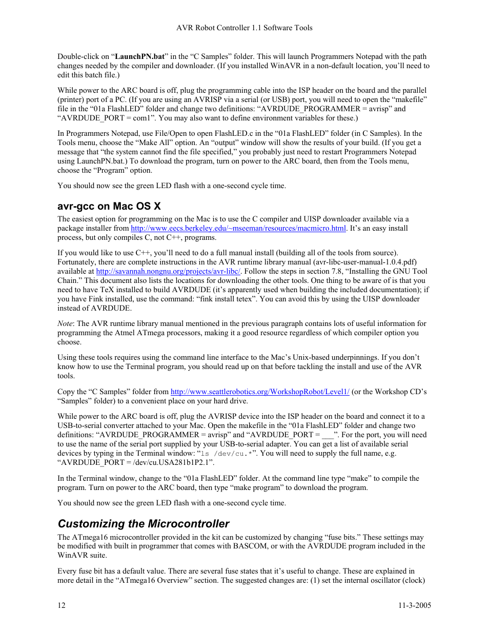 Customizing the microcontroller, Avr-gcc on mac os x | SRS Labs SRS Robot Level 1 Kit User Manual | Page 12 / 34