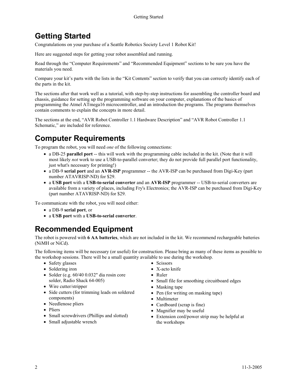 Getting started, Computer requirements, Recommended equipment | SRS Labs SRS Robot Level 1 Kit User Manual | Page 2 / 34