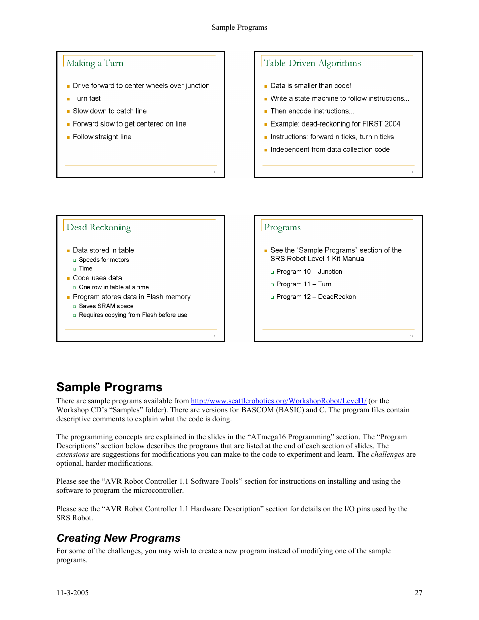 Sample programs, Creating new programs | SRS Labs SRS Robot Level 1 Kit User Manual | Page 27 / 34