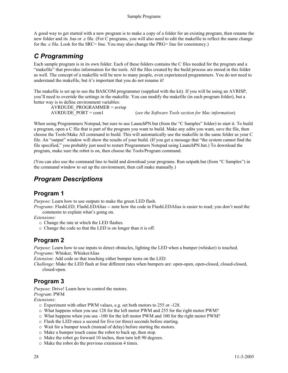 C programming, Program descriptions, Program 1 | Program 2, Program 3 | SRS Labs SRS Robot Level 1 Kit User Manual | Page 28 / 34
