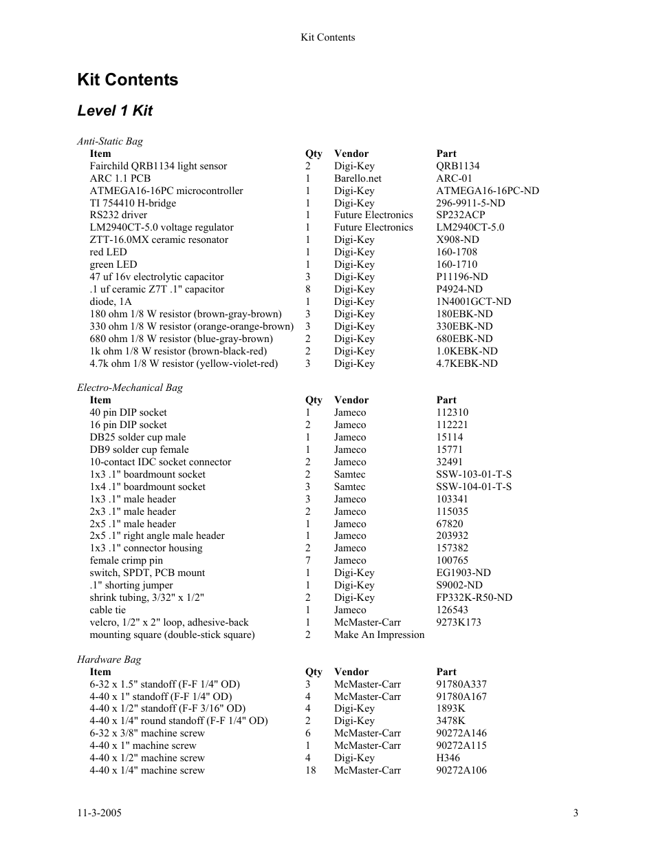 Kit contents, Level 1 kit | SRS Labs SRS Robot Level 1 Kit User Manual | Page 3 / 34