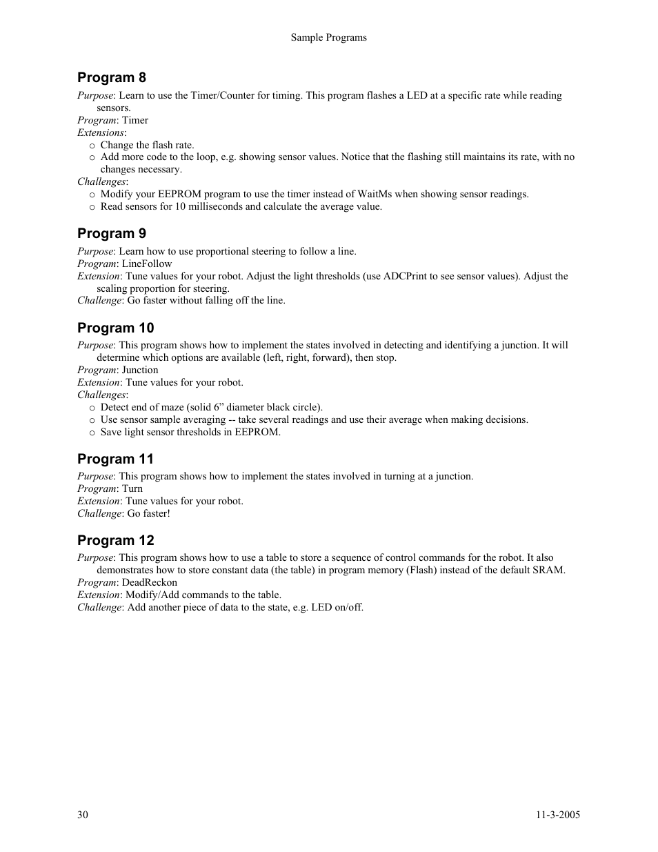 Program 8, Program 9, Program 10 | Program 11, Program 12 | SRS Labs SRS Robot Level 1 Kit User Manual | Page 30 / 34