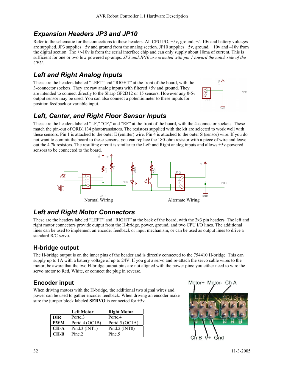 Expansion headers jp3 and jp10, Left and right analog inputs, Left, center, and right floor sensor inputs | Left and right motor connectors, H-bridge output, Encoder input | SRS Labs SRS Robot Level 1 Kit User Manual | Page 32 / 34