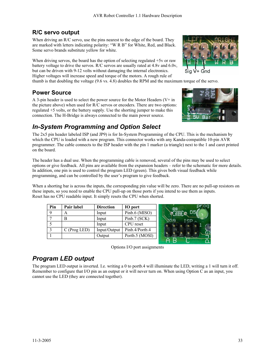 In-system programming and option select, Program led output, R/c servo output | Power source | SRS Labs SRS Robot Level 1 Kit User Manual | Page 33 / 34