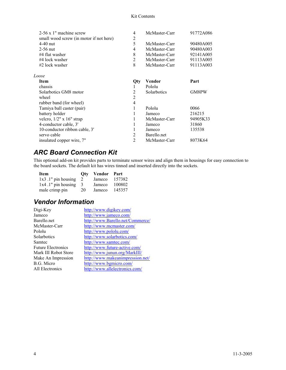 Arc board connection kit, Vendor information | SRS Labs SRS Robot Level 1 Kit User Manual | Page 4 / 34