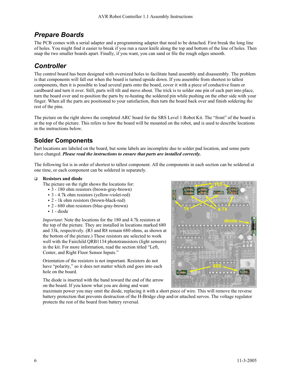 Prepare boards, Controller, Solder components | SRS Labs SRS Robot Level 1 Kit User Manual | Page 6 / 34