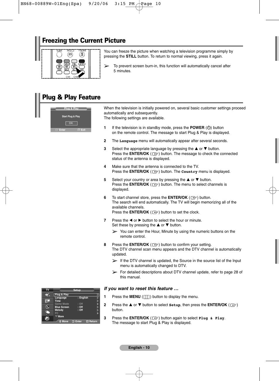 Freezing the current picture, Plug & play feature | SRS Labs Plasma Display Panel Television User Manual | Page 10 / 42
