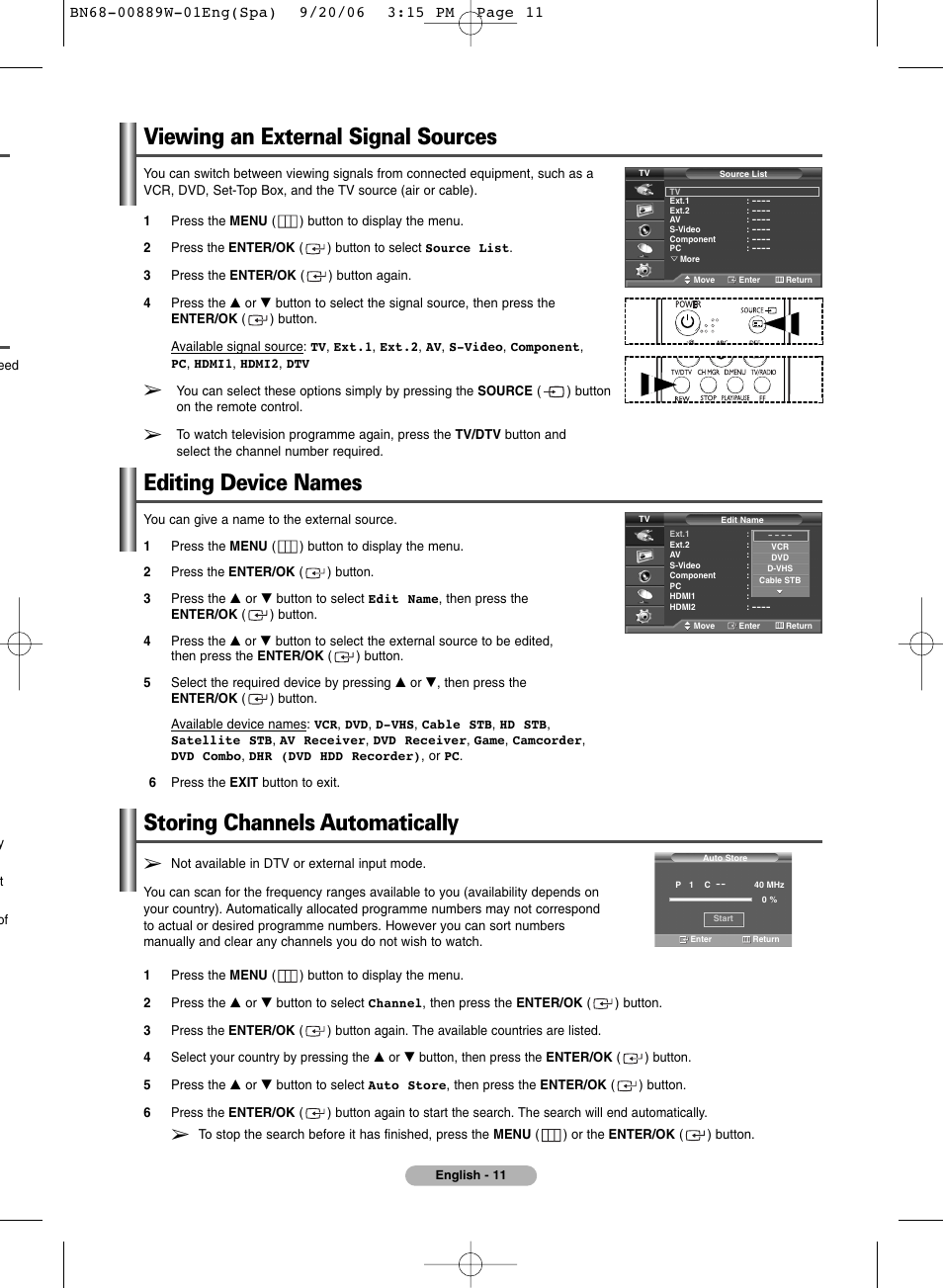 Viewing an external signal sources, Editing device names, Channel control(analog tv) | Storing channels automatically | SRS Labs Plasma Display Panel Television User Manual | Page 11 / 42