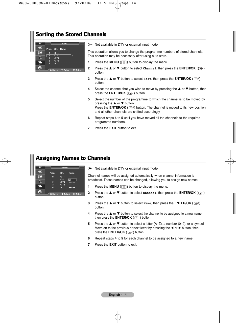 Sorting the stored channels, Assigning names to channels | SRS Labs Plasma Display Panel Television User Manual | Page 14 / 42