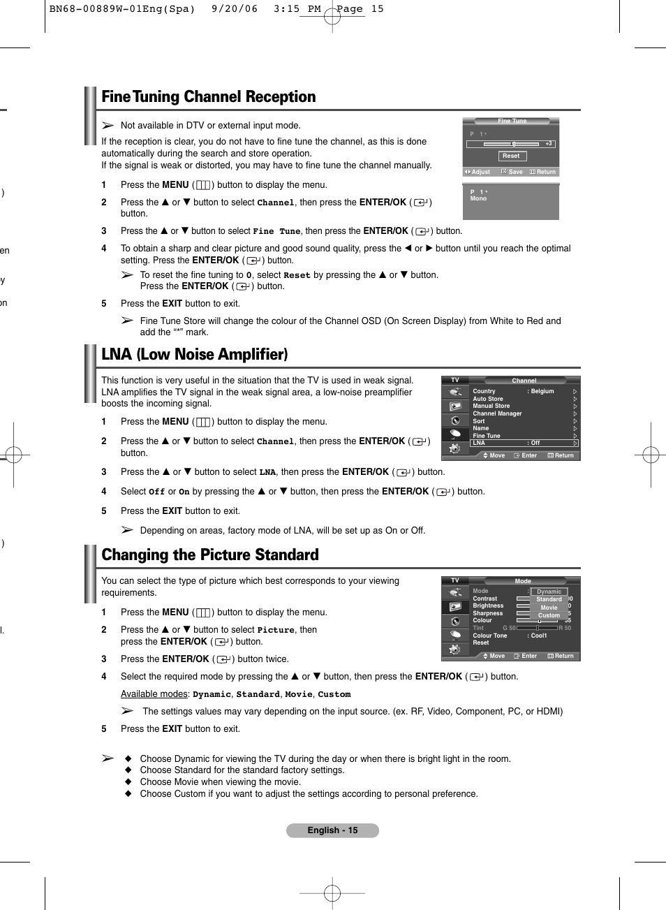 Fine tuning channel reception, Lna (low noise amplifier), Picture control | Changing the picture standard | SRS Labs Plasma Display Panel Television User Manual | Page 15 / 42