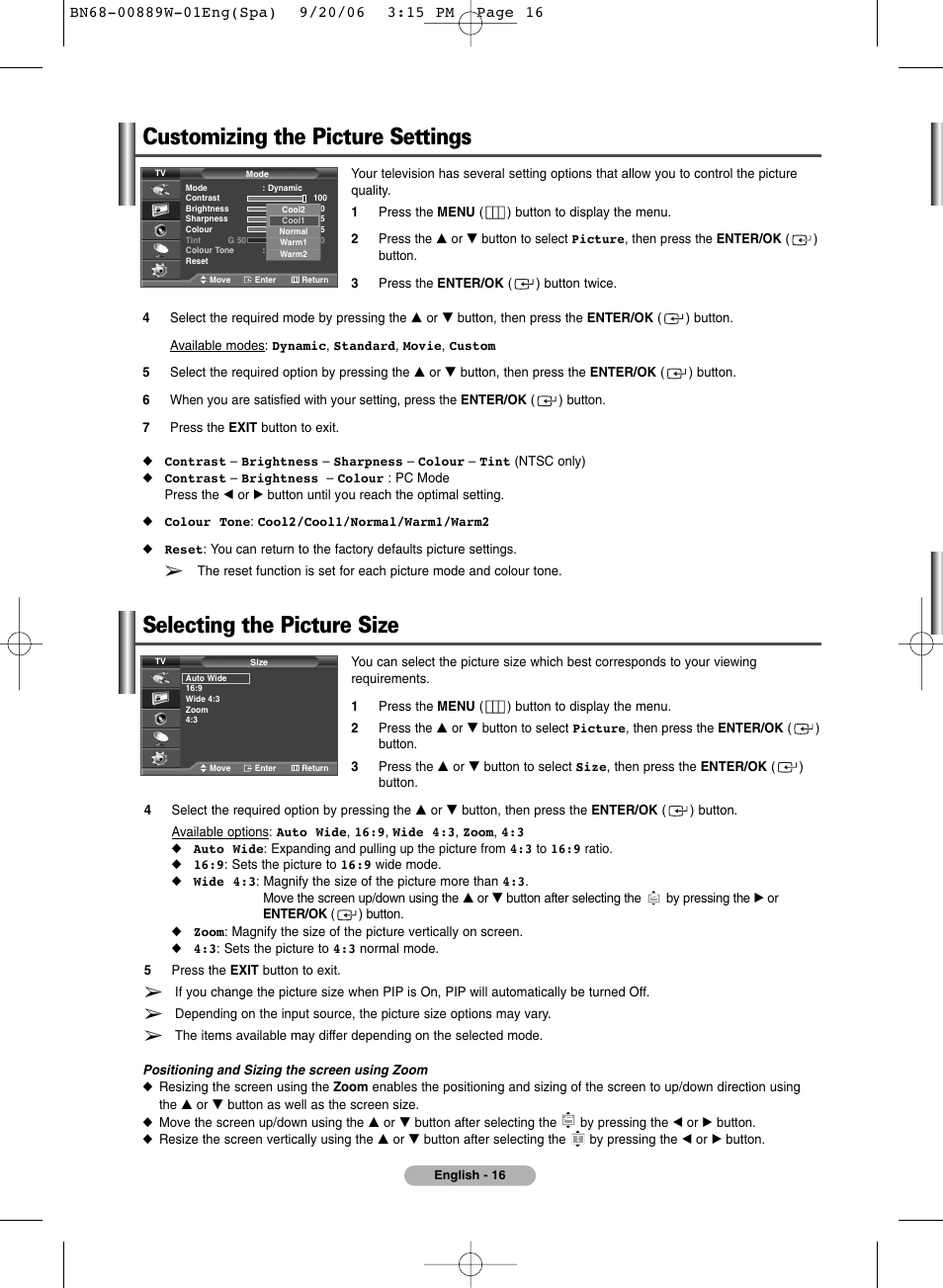 Customizing the picture settings, Selecting the picture size | SRS Labs Plasma Display Panel Television User Manual | Page 16 / 42