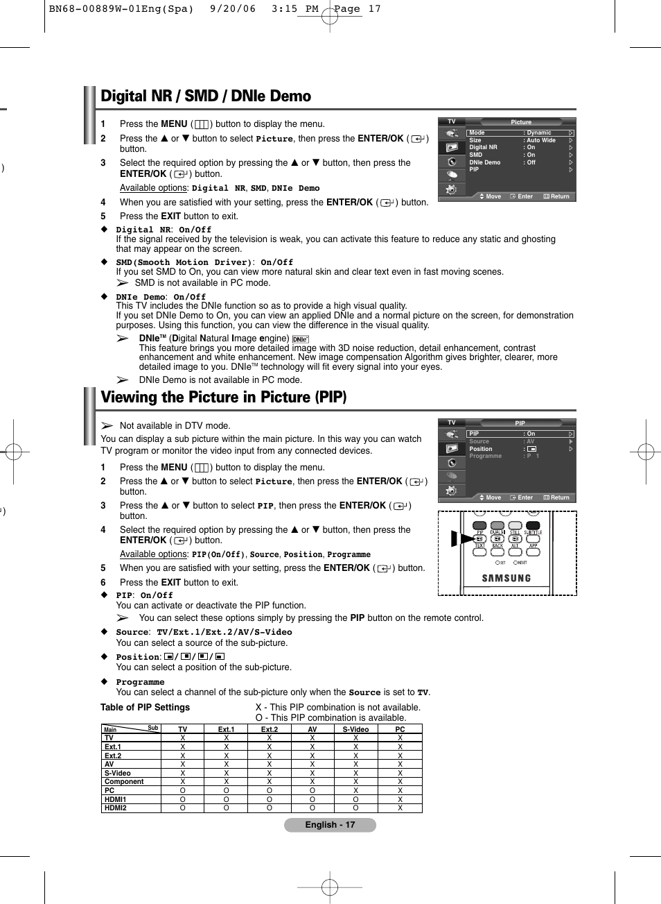 Digital nr, Dnie demo, Viewing the picture in picture (pip) | Sound control, Digital nr / smd / dnie demo | SRS Labs Plasma Display Panel Television User Manual | Page 17 / 42