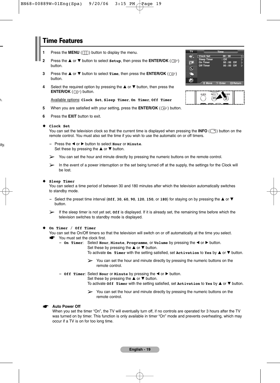 Function description, Time features | SRS Labs Plasma Display Panel Television User Manual | Page 19 / 42