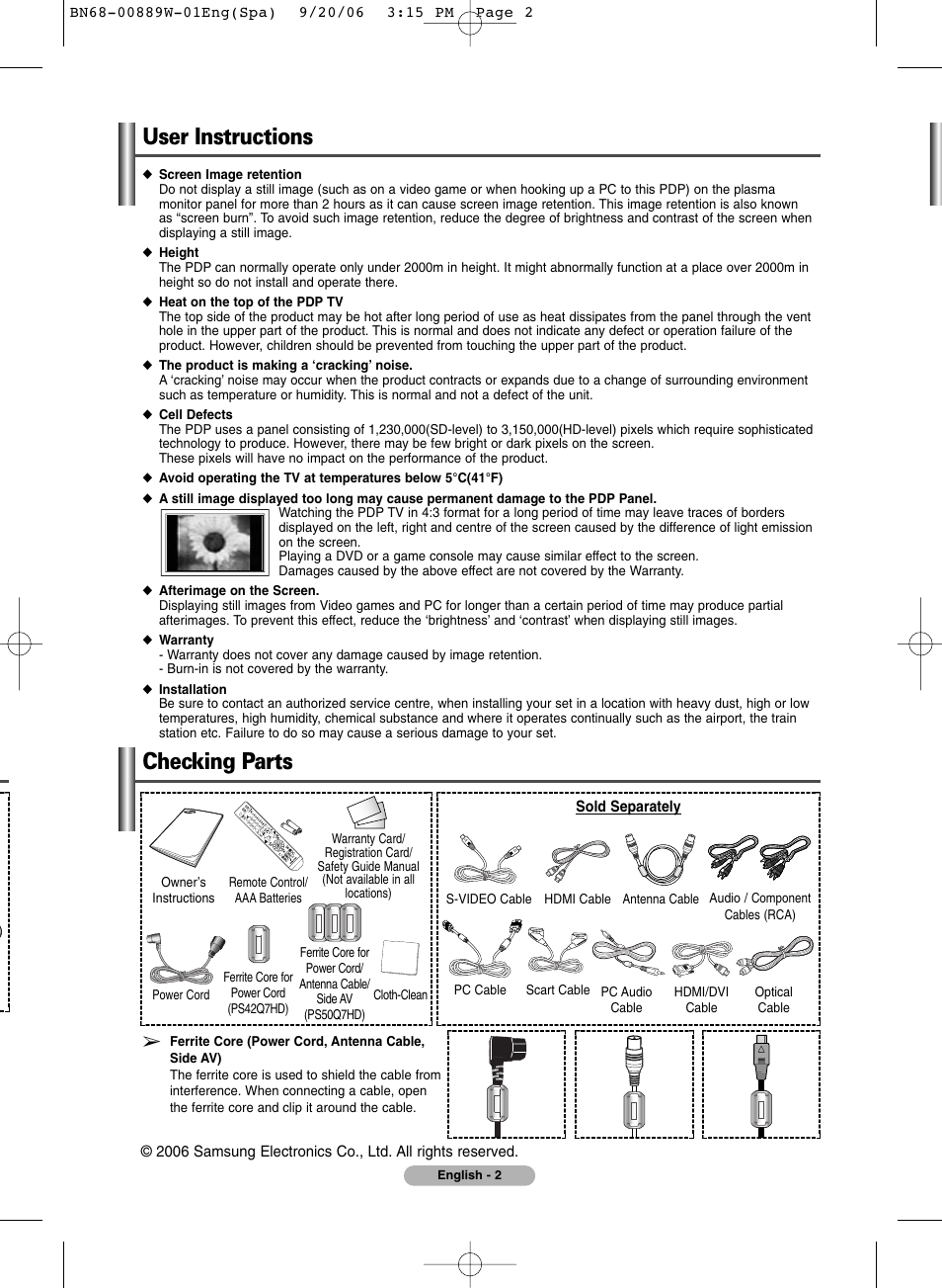 User instructions, Checking parts, User instructions checking parts | SRS Labs Plasma Display Panel Television User Manual | Page 2 / 42