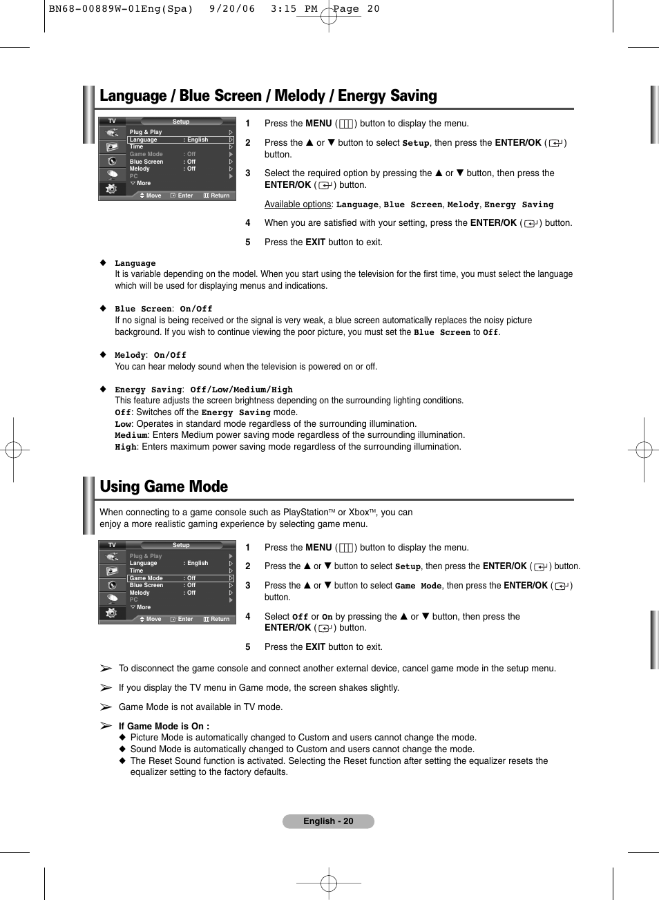 Language, Blue screen, Melody | Energy saving, Using game mode, Language / blue screen / melody / energy saving | SRS Labs Plasma Display Panel Television User Manual | Page 20 / 42