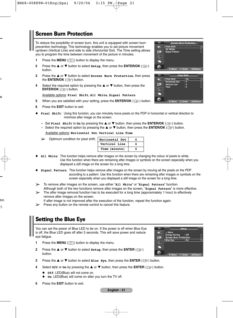 Screen burn protection, Setting the blue eye | SRS Labs Plasma Display Panel Television User Manual | Page 21 / 42