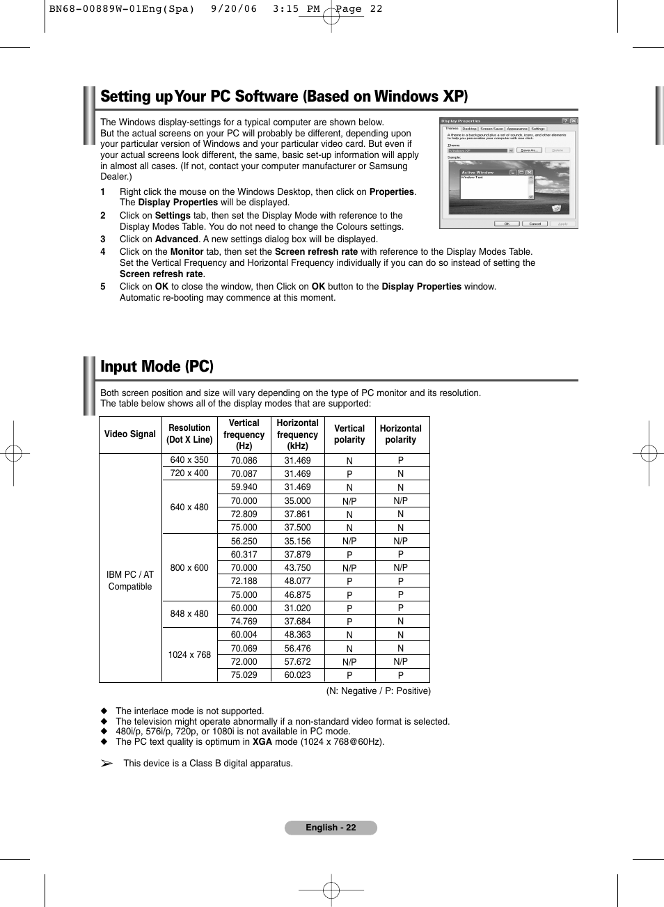 Pc display, Setting up your pc software (based on windows xp), Input mode (pc) | SRS Labs Plasma Display Panel Television User Manual | Page 22 / 42