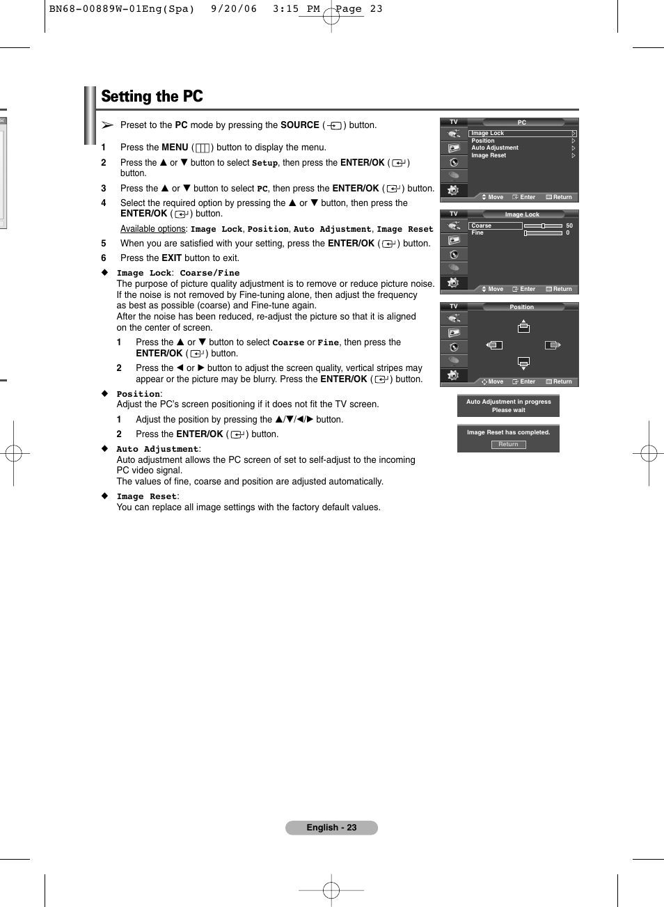 Setting the pc | SRS Labs Plasma Display Panel Television User Manual | Page 23 / 42