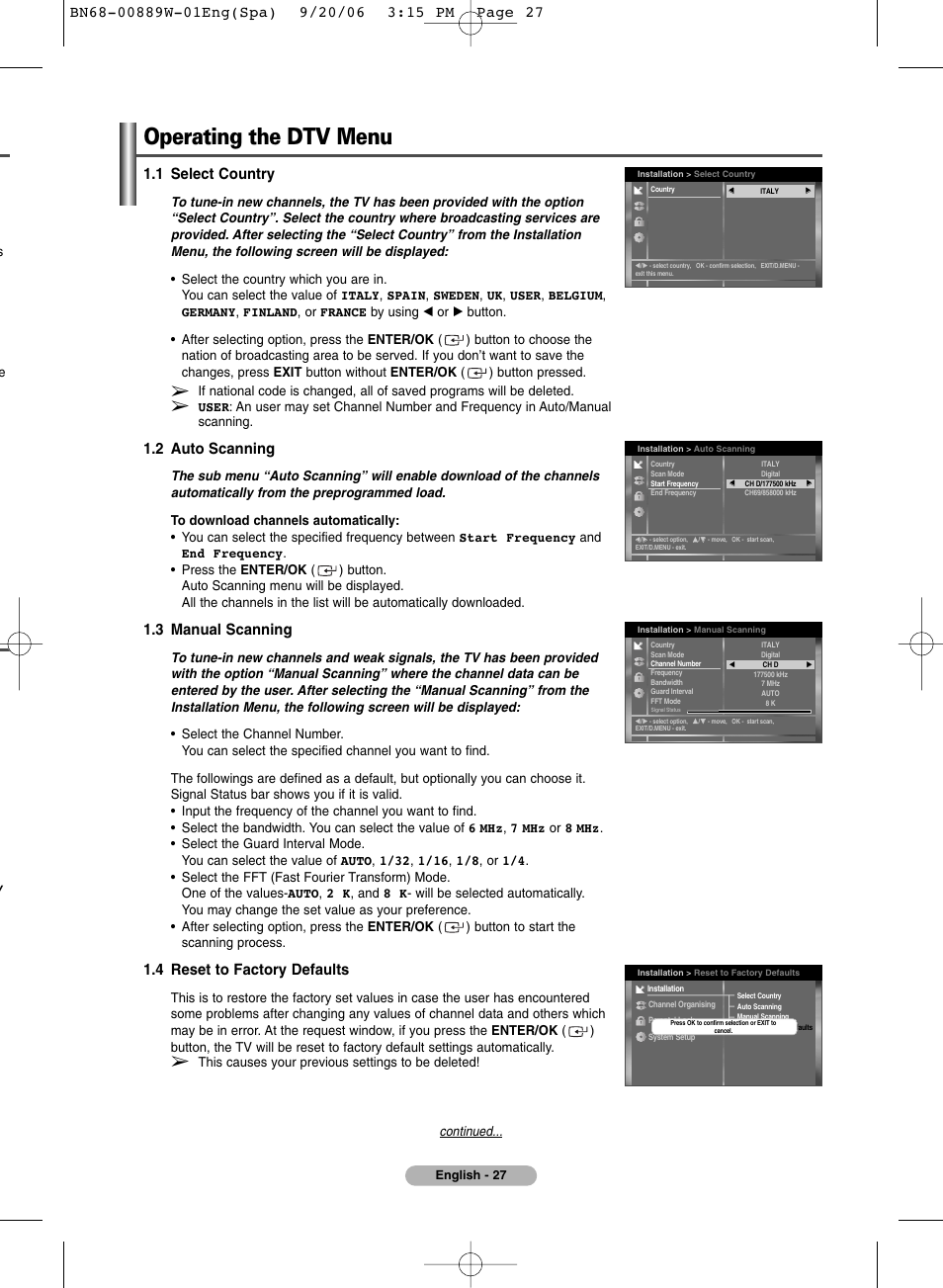 Operating the dtv menu, 1 select country, 2 auto scanning | 3 manual scanning, 4 reset to factory defaults | SRS Labs Plasma Display Panel Television User Manual | Page 27 / 42