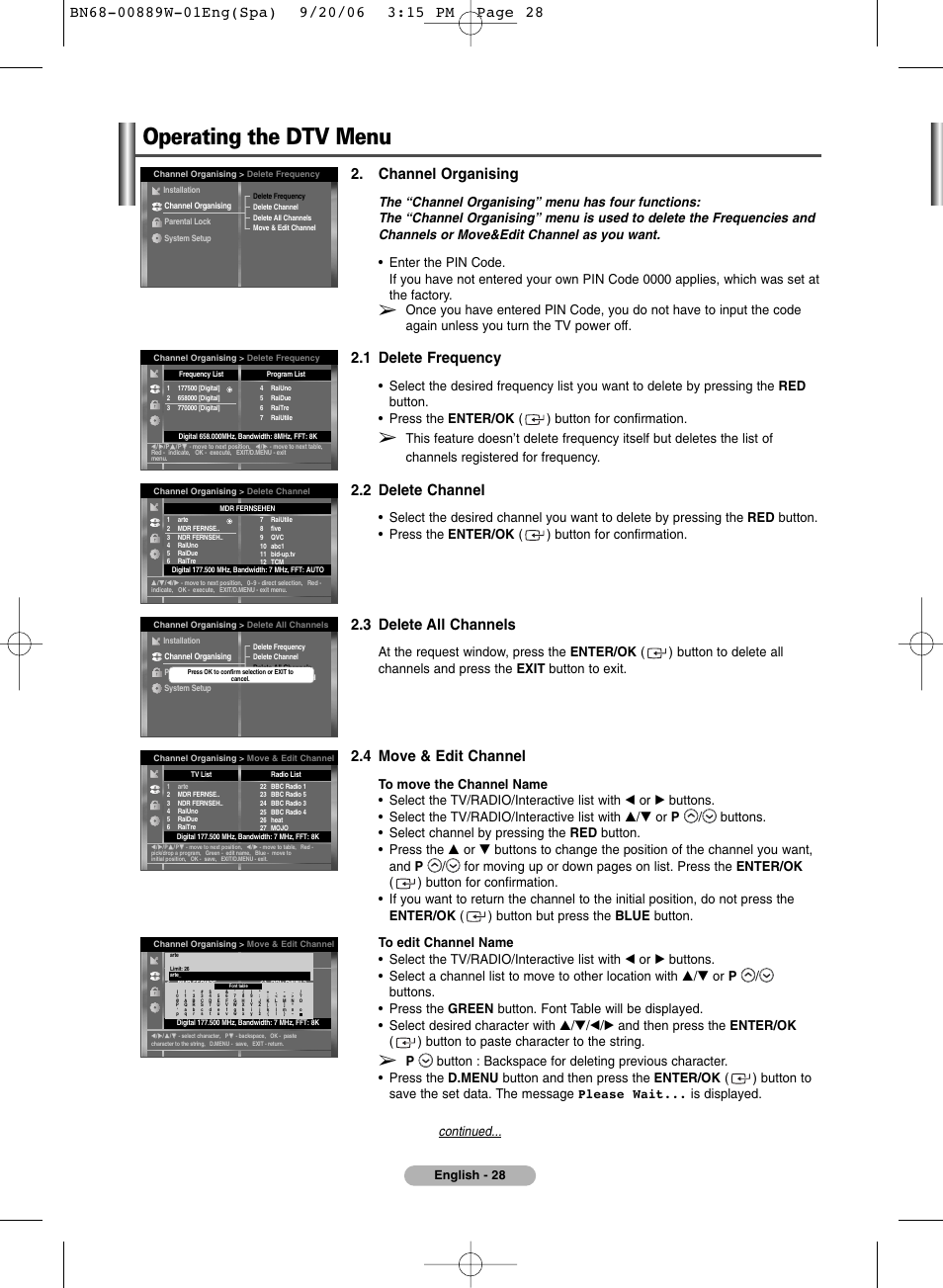Operating the dtv menu, Channel organising, 1 delete frequency | 2 delete channel, 3 delete all channels, 4 move & edit channel, English - 28 | SRS Labs Plasma Display Panel Television User Manual | Page 28 / 42