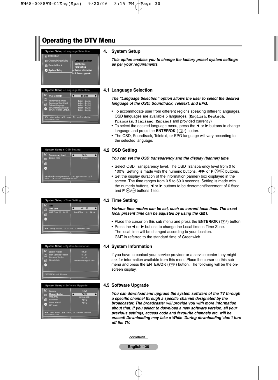 Operating the dtv menu, System setup, 1 language selection | 2 osd setting, 3 time setting, 4 system information, 5 software upgrade | SRS Labs Plasma Display Panel Television User Manual | Page 30 / 42