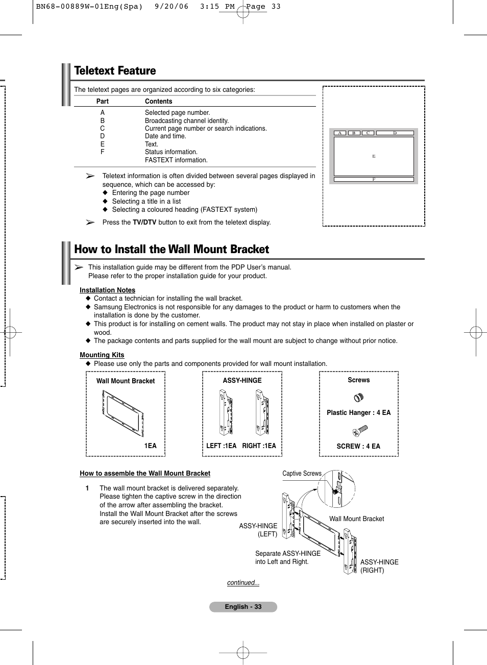 How to install the wall mount bracket | SRS Labs Plasma Display Panel Television User Manual | Page 33 / 42