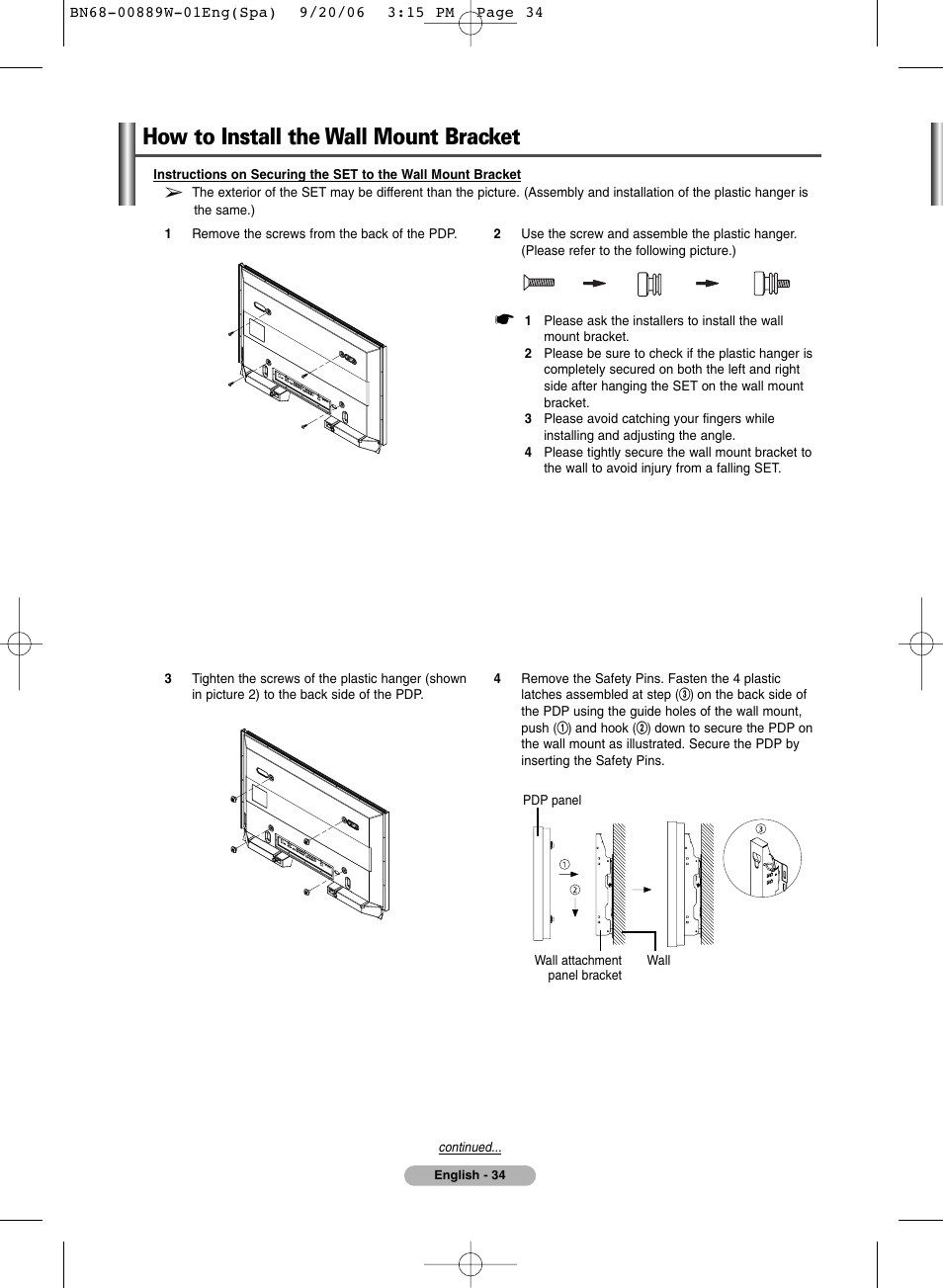 How to install the wall mount bracket | SRS Labs Plasma Display Panel Television User Manual | Page 34 / 42