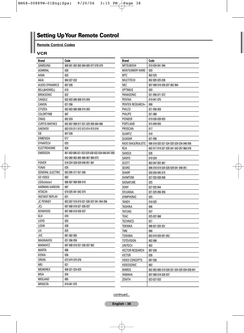 Setting up your remote control | SRS Labs Plasma Display Panel Television User Manual | Page 38 / 42