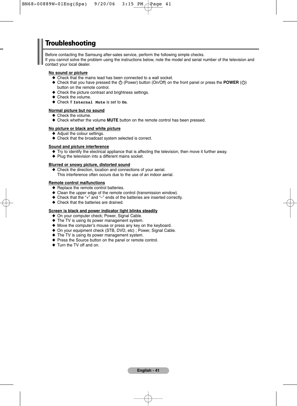 Troubleshooting | SRS Labs Plasma Display Panel Television User Manual | Page 41 / 42