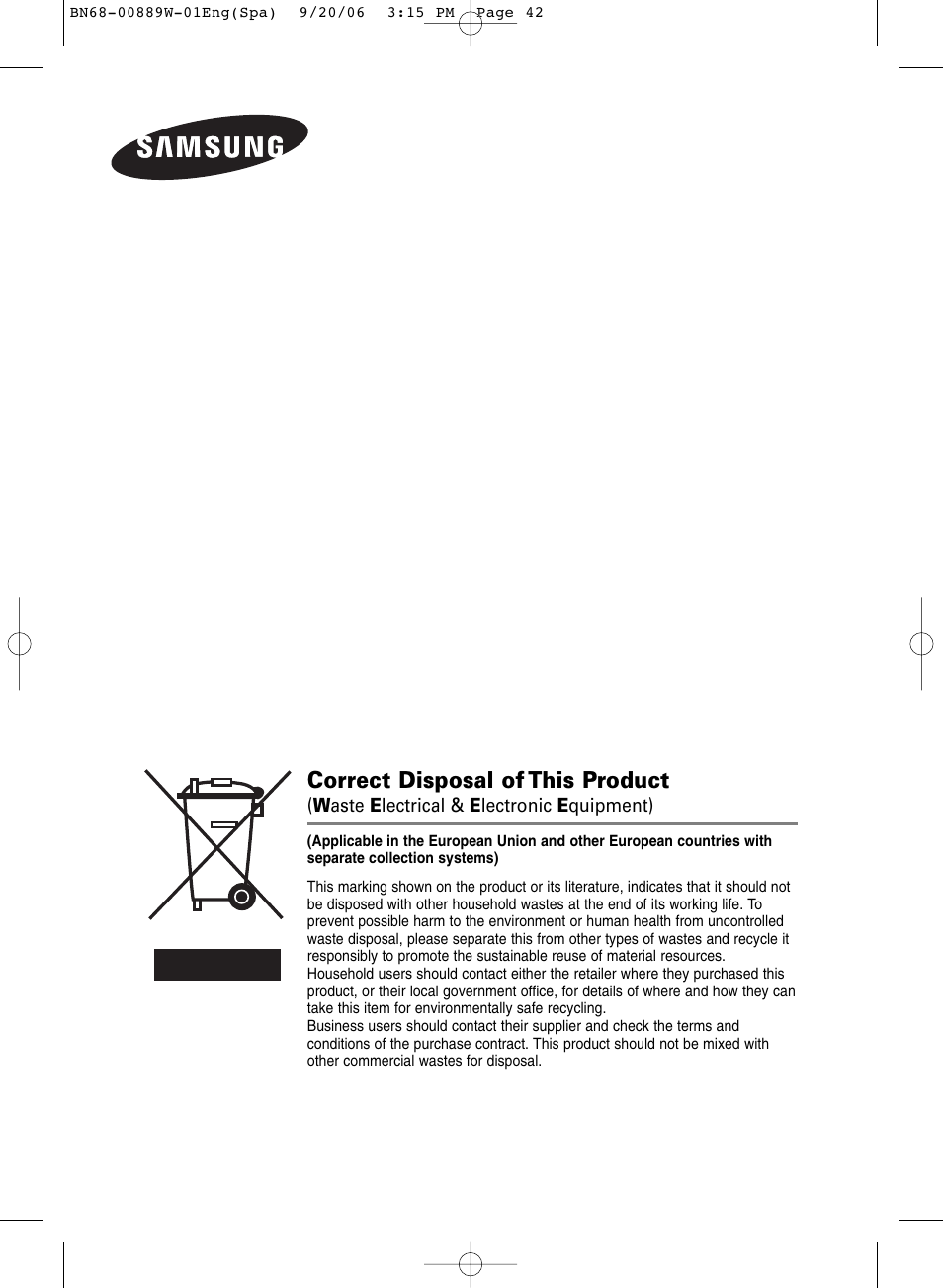 Correct disposal of this product | SRS Labs Plasma Display Panel Television User Manual | Page 42 / 42