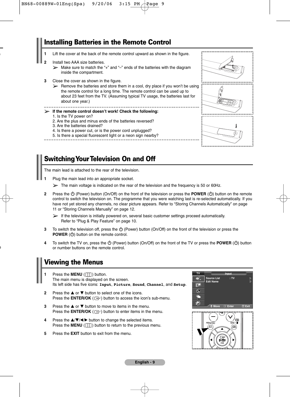Installing batteries in the remote control, Operation, Switching your television on and off | Viewing the menus | SRS Labs Plasma Display Panel Television User Manual | Page 9 / 42