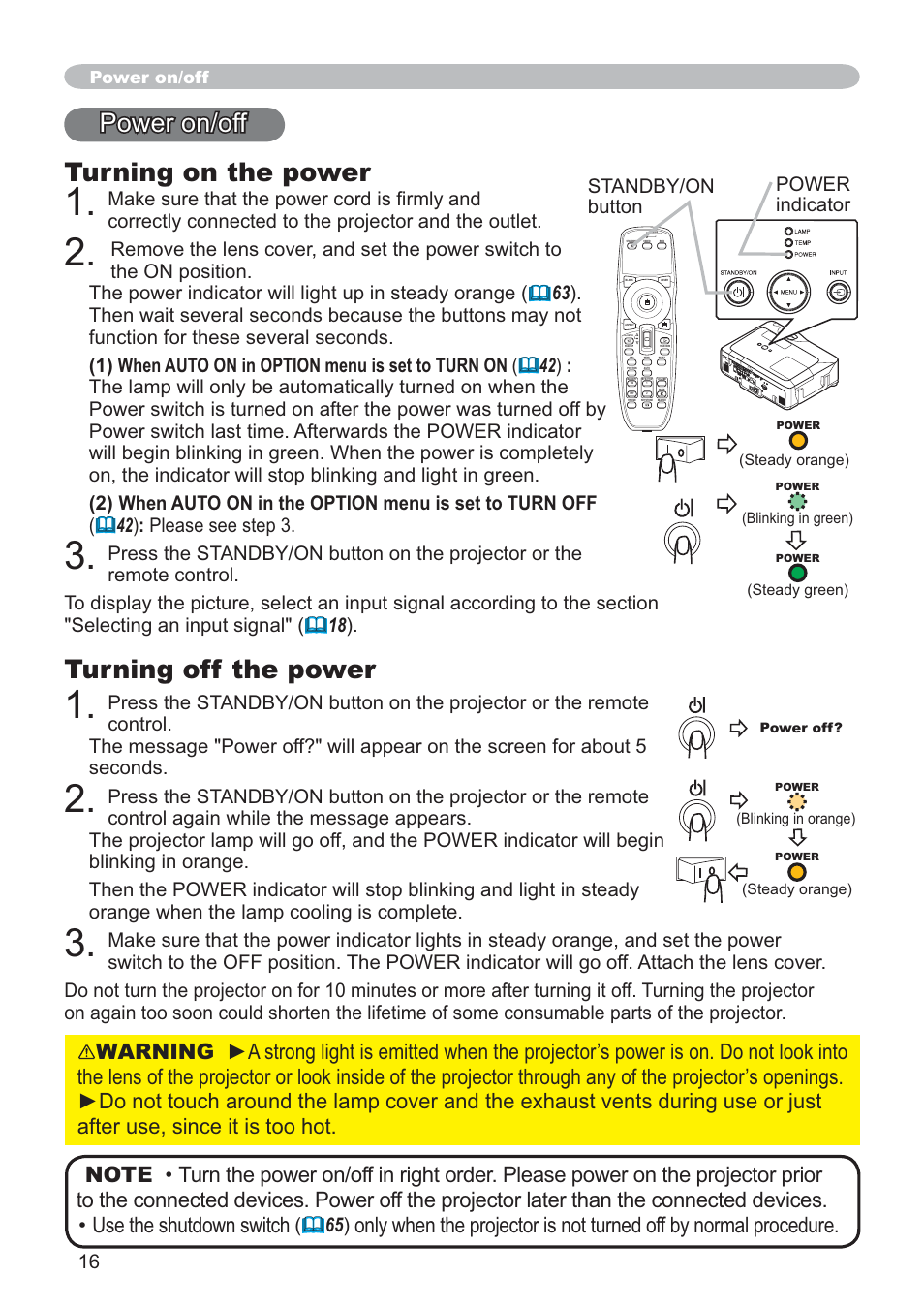 Turning on the power, Turning off the power, Power on/off | Standby/on button power indicator | SRS Labs CP-X505/CP-X605 User Manual | Page 16 / 69