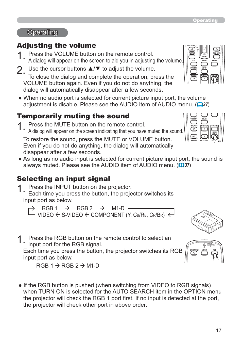 Operating adjusting the volume, Temporarily muting the sound, Selecting an input signal | SRS Labs CP-X505/CP-X605 User Manual | Page 17 / 69