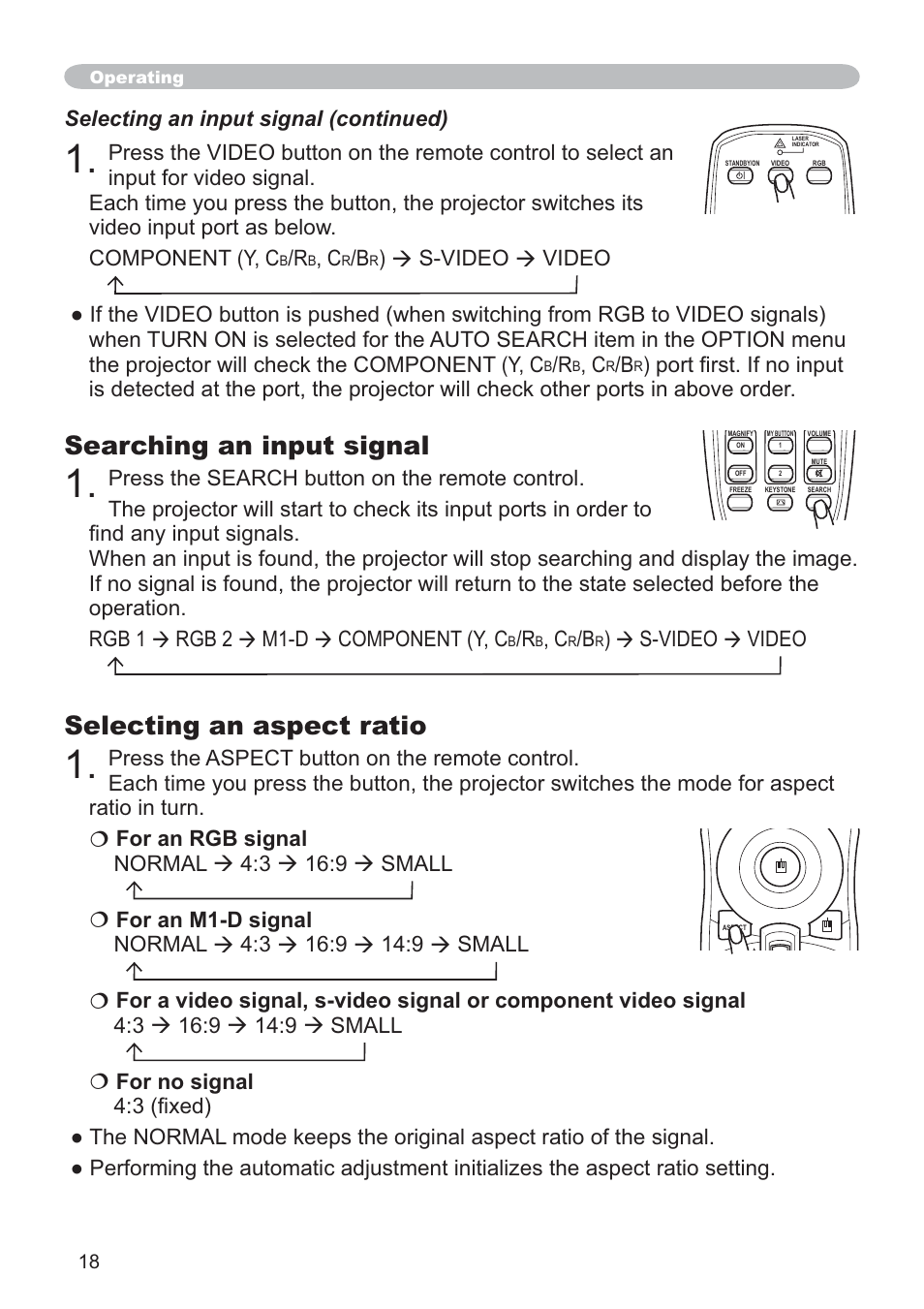 Searching an input signal, Selecting an aspect ratio, Æ s-video æ video | Selecting an input signal (continued) | SRS Labs CP-X505/CP-X605 User Manual | Page 18 / 69
