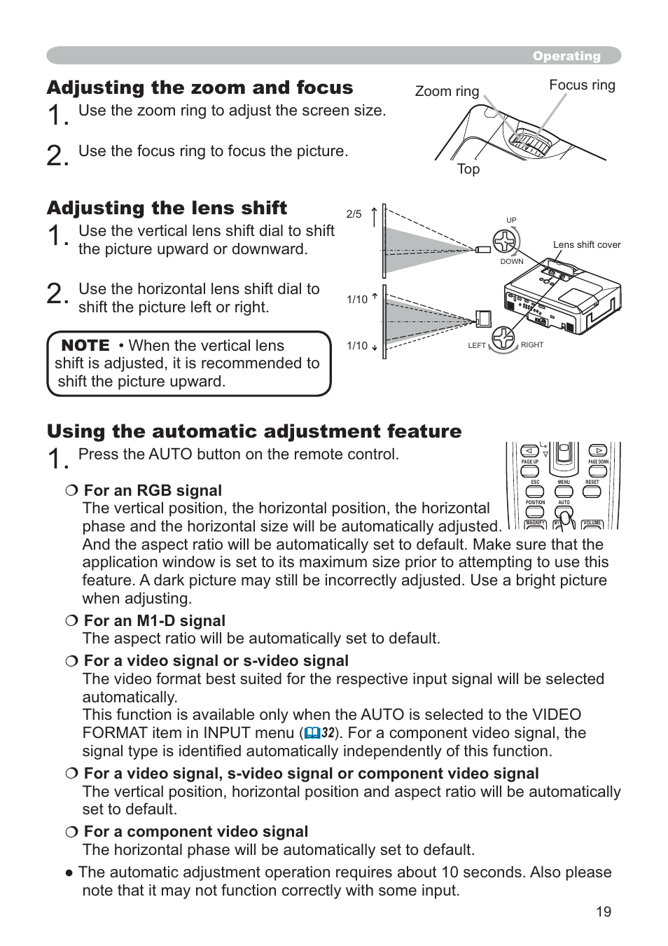 Adjusting the zoom and focus, Adjusting the lens shift, Using the automatic adjustment feature | SRS Labs CP-X505/CP-X605 User Manual | Page 19 / 69