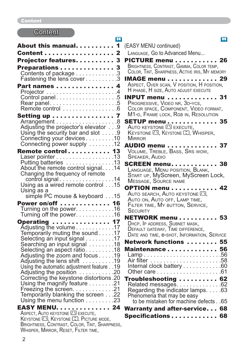 Content | SRS Labs CP-X505/CP-X605 User Manual | Page 2 / 69