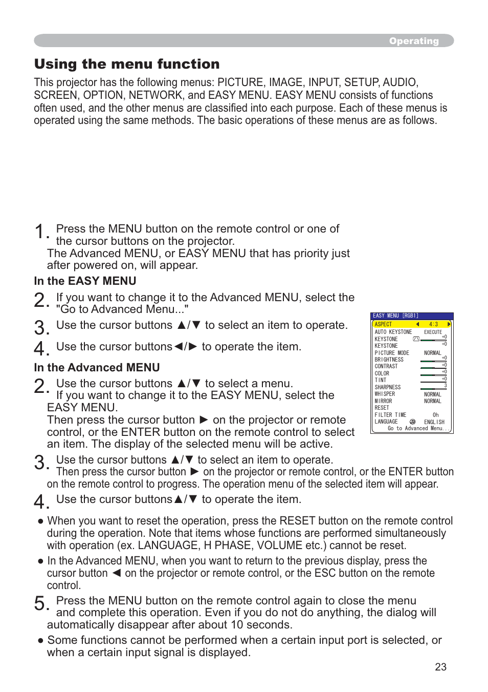 Using the menu function | SRS Labs CP-X505/CP-X605 User Manual | Page 23 / 69