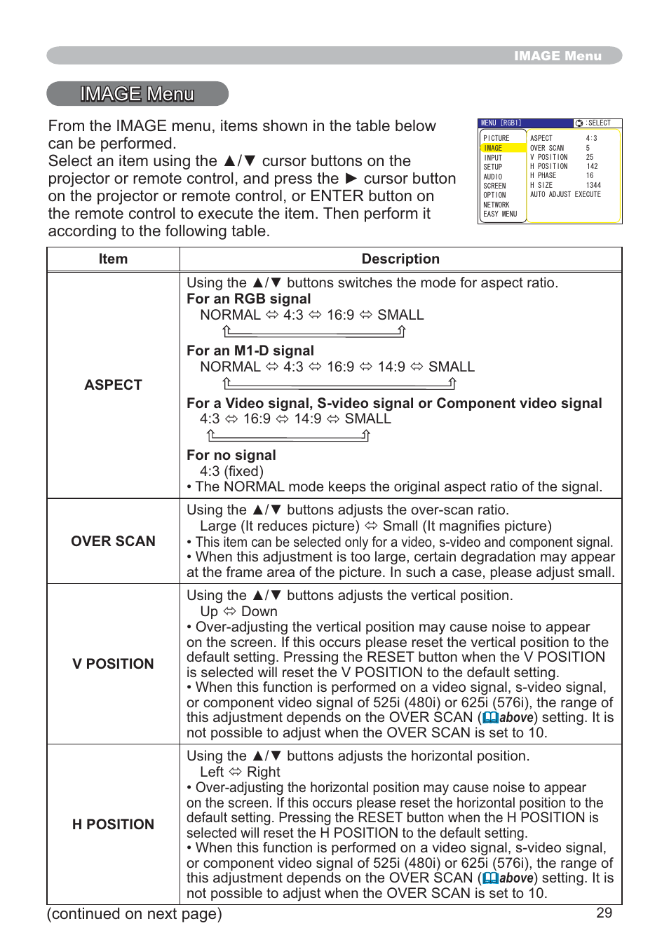 Image menu, Continued on next page) | SRS Labs CP-X505/CP-X605 User Manual | Page 29 / 69