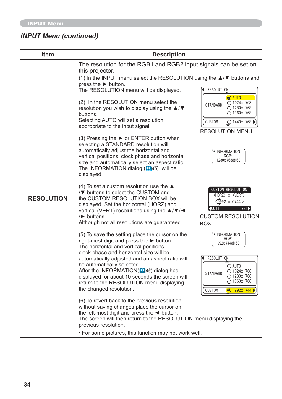 Input menu (continued) | SRS Labs CP-X505/CP-X605 User Manual | Page 34 / 69