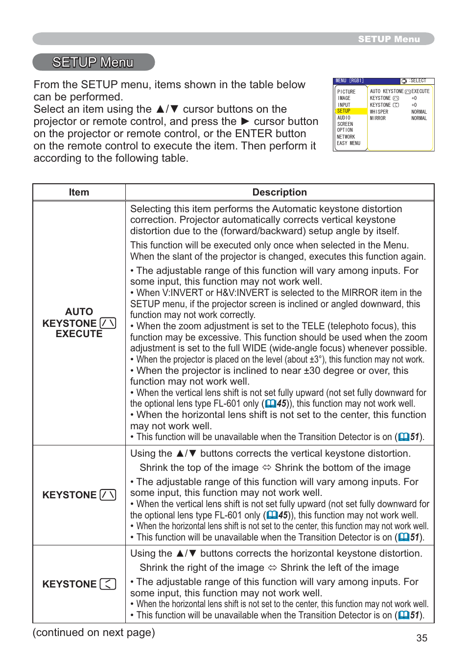 Setup menu, Continued on next page) | SRS Labs CP-X505/CP-X605 User Manual | Page 35 / 69