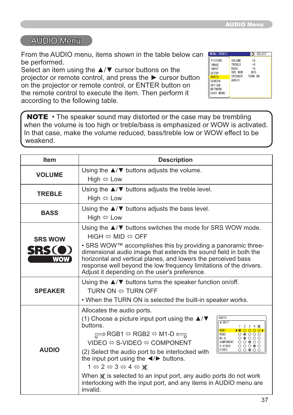 Audio menu | SRS Labs CP-X505/CP-X605 User Manual | Page 37 / 69