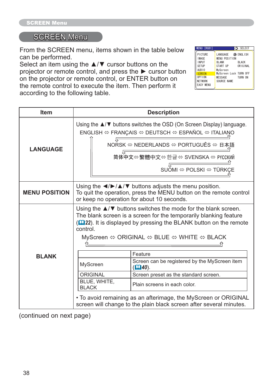 Screen menu, Continued on next page) | SRS Labs CP-X505/CP-X605 User Manual | Page 38 / 69