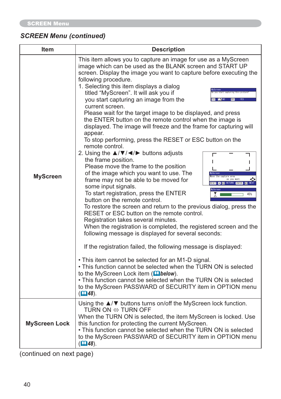 Screen menu (continued), Continued on next page) | SRS Labs CP-X505/CP-X605 User Manual | Page 40 / 69