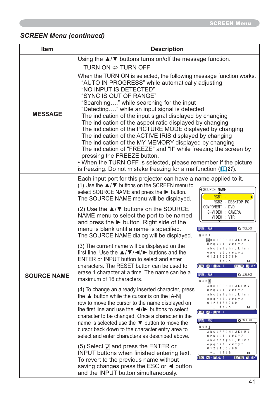 Screen menu (continued) | SRS Labs CP-X505/CP-X605 User Manual | Page 41 / 69